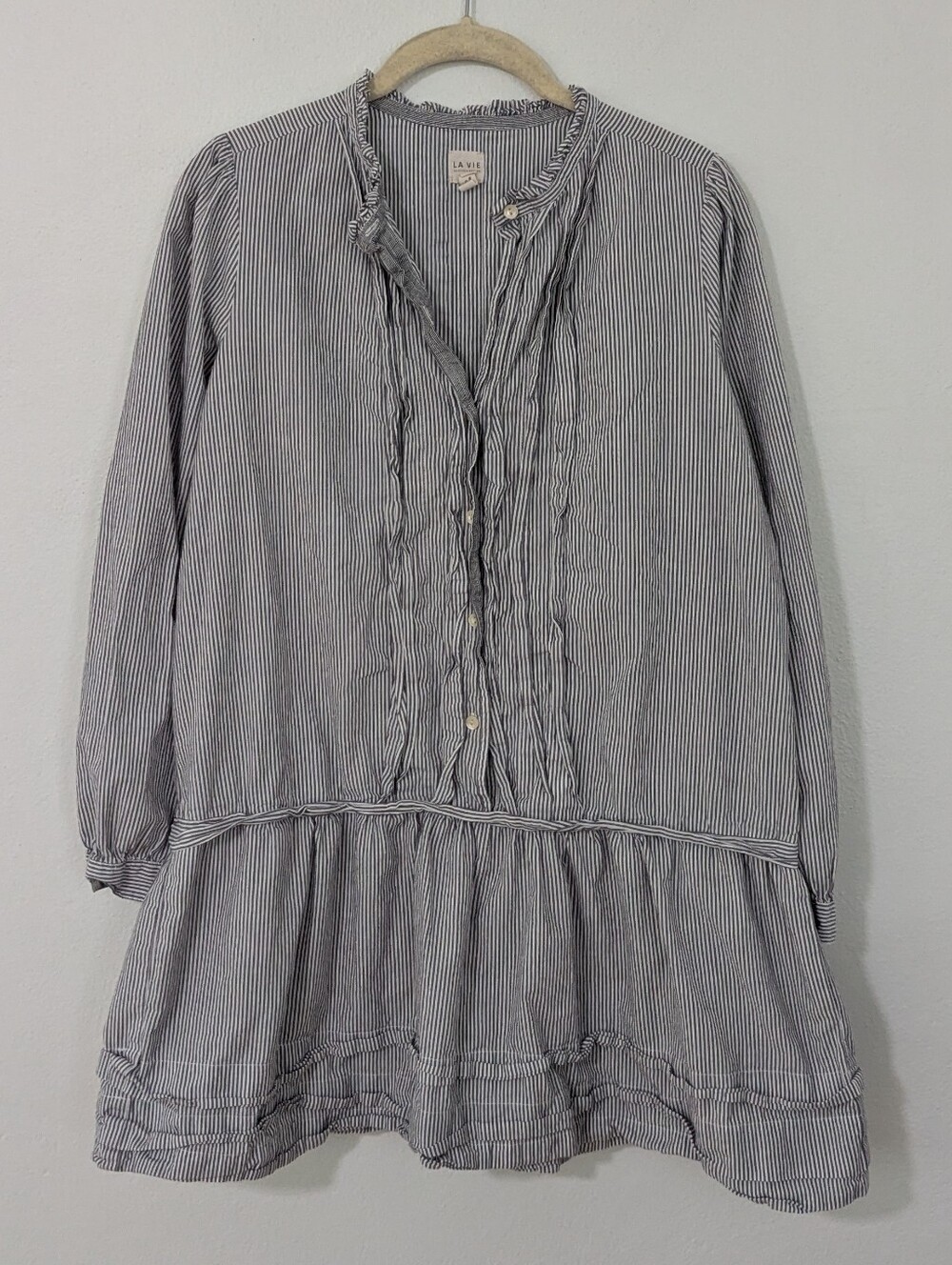 La Vie Rebecca Taylor Cotton Striped Shirt Dress Drop Hem Ruffle Gray Medium M